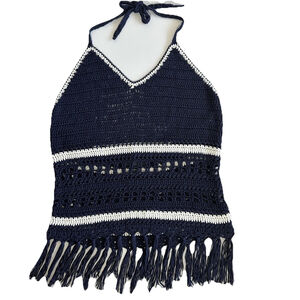 Y2K Boho Hippie Lovemarks Halter Top Crochet Womens Large Navy Stripes Tasseled